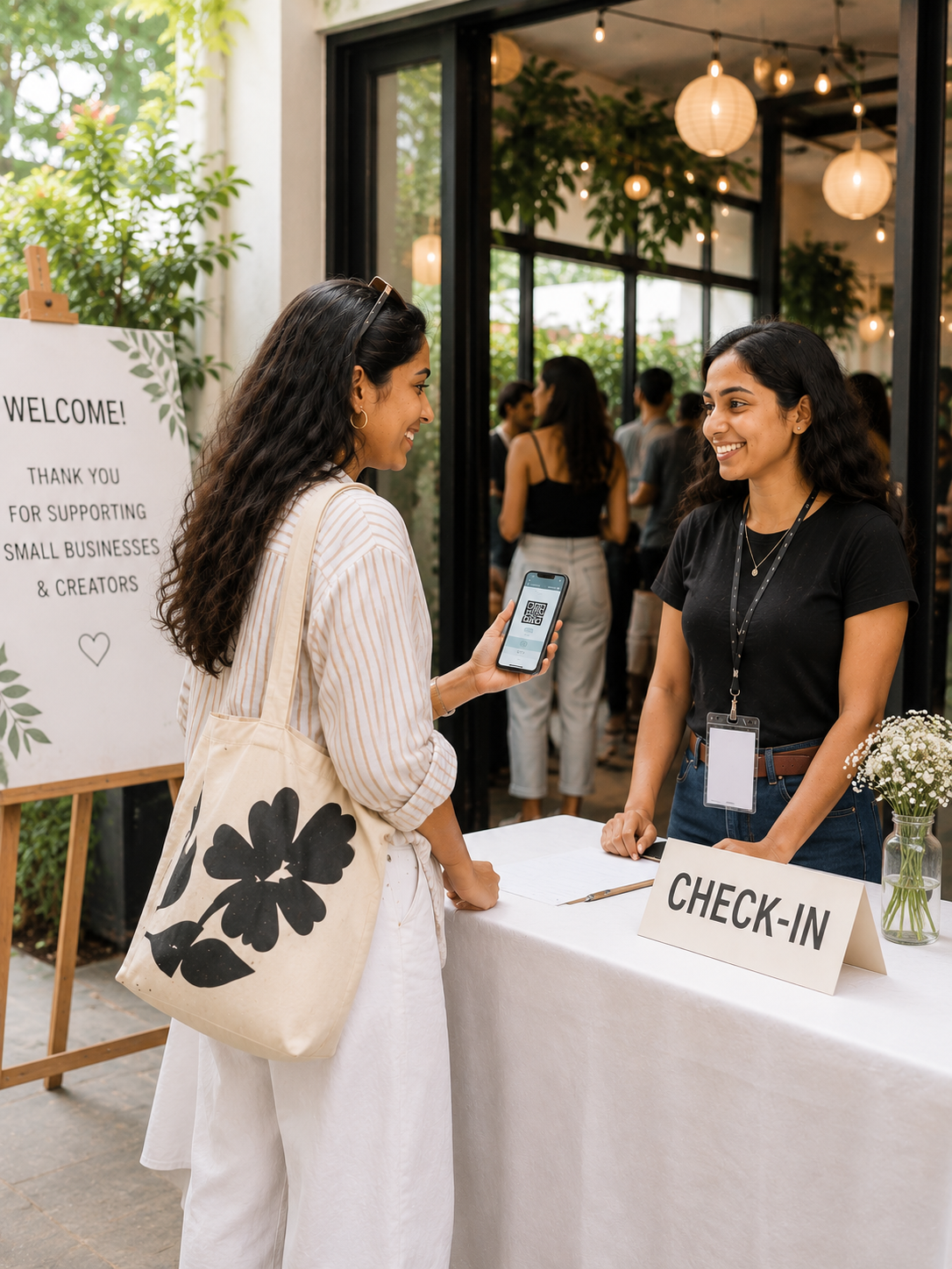 A visitor checking in at the entrance of a creative pop-up event