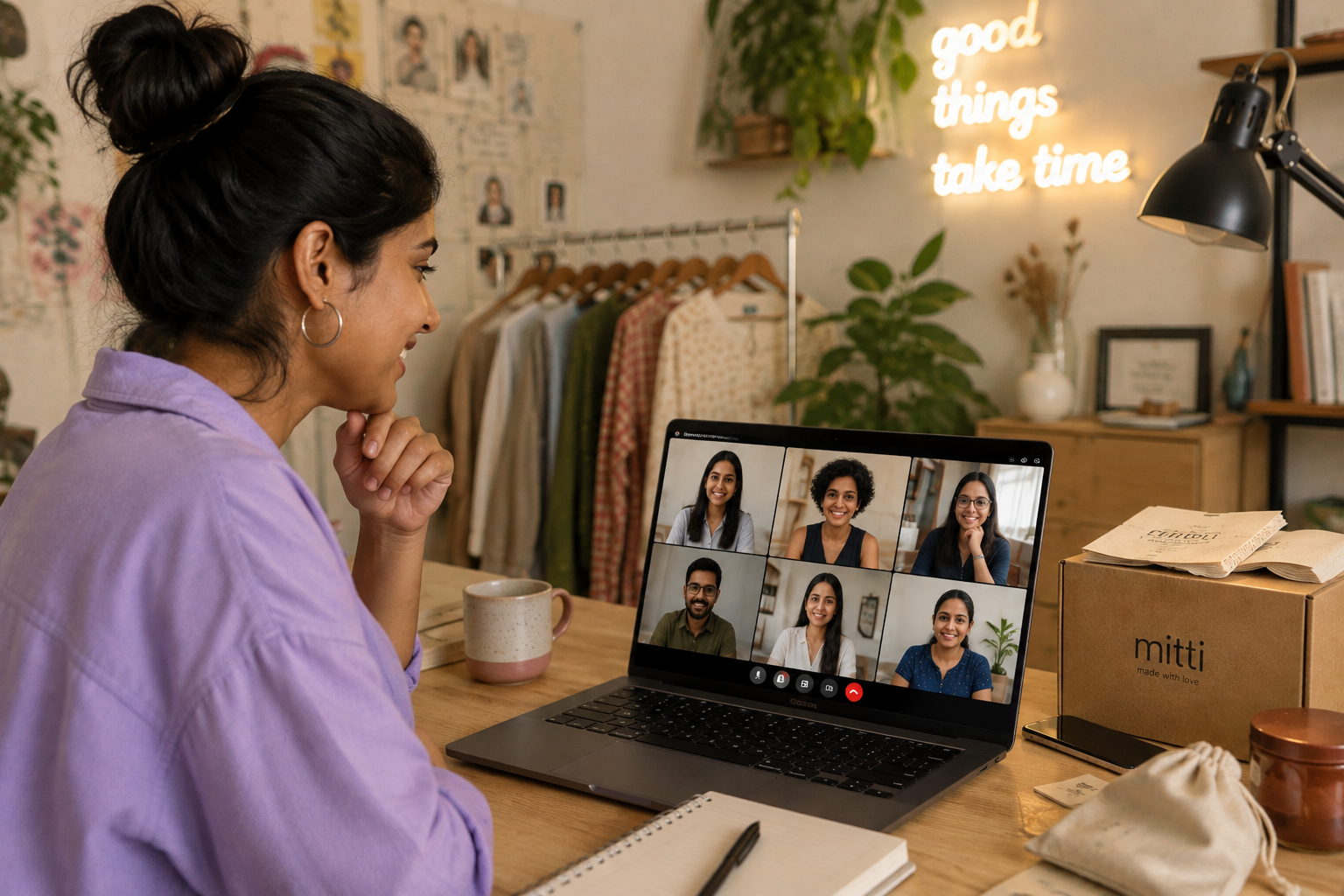 A small-brand founder joining a video call with other founders from her studio