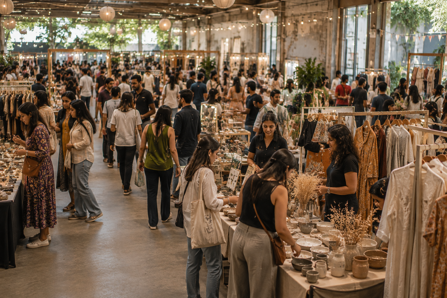 A busy pop-up event with shoppers exploring independent brands