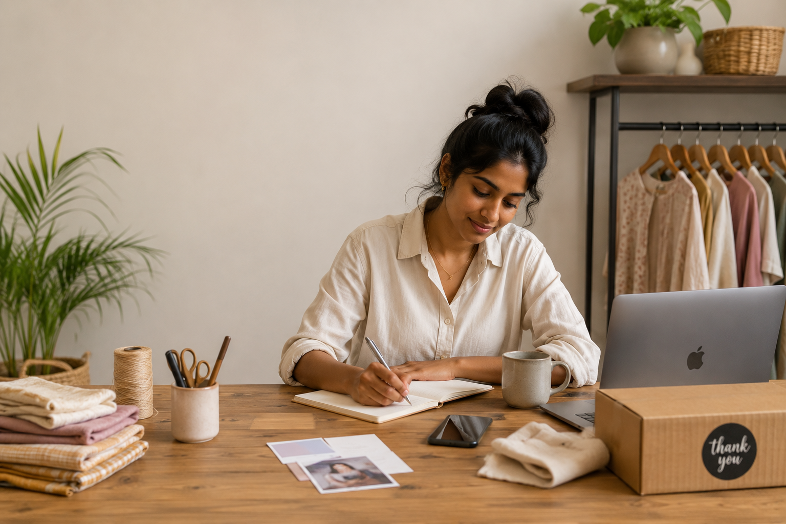 A small-brand founder working at her desk among her products.