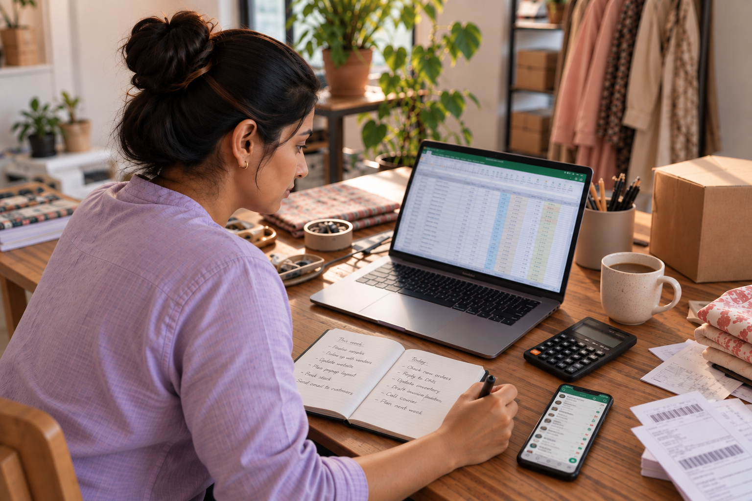 A small-brand founder working between a spreadsheet, notebook, phone, calculator and invoices.