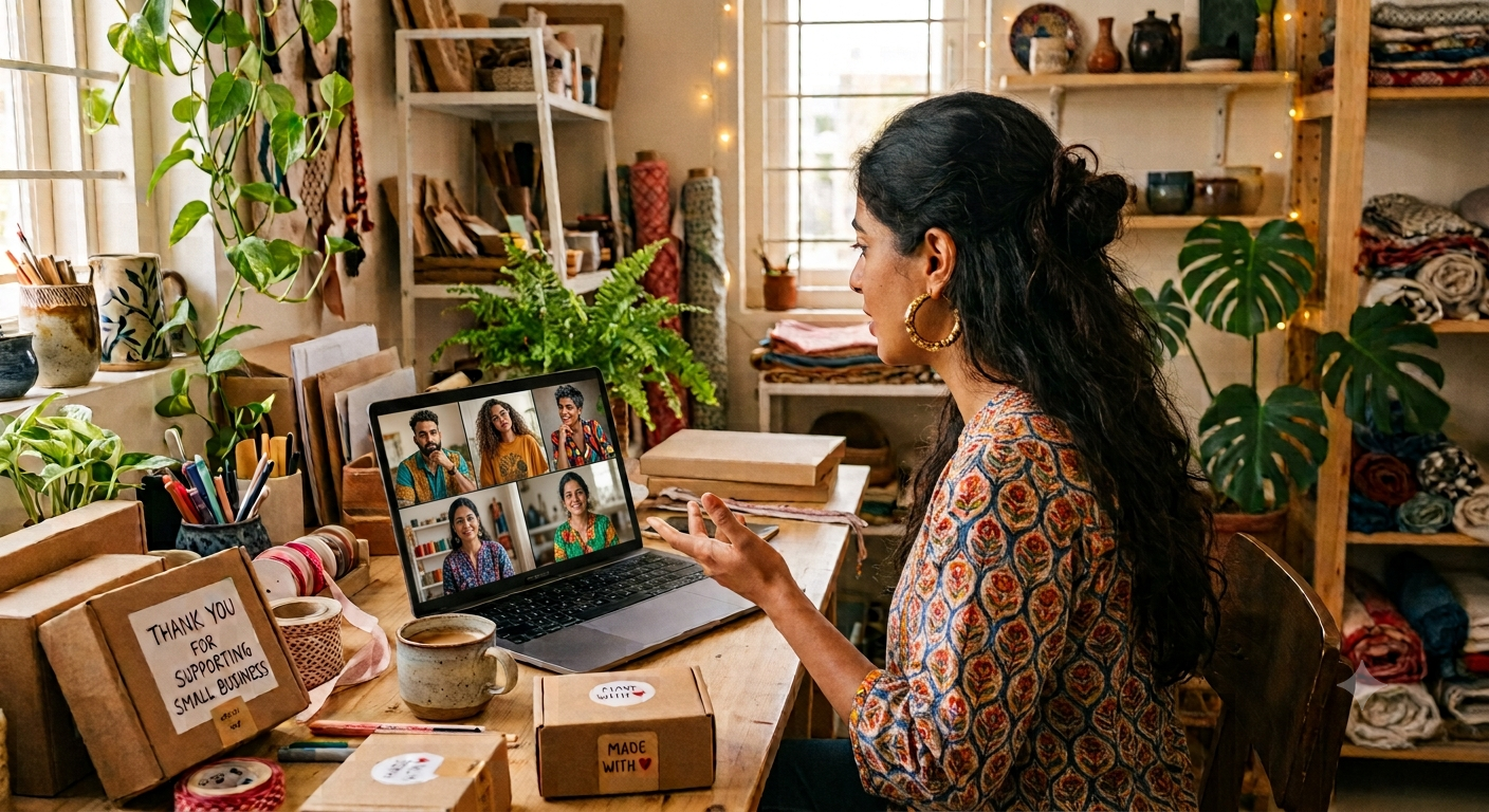 A founder in her studio connecting with other founders on a video call.